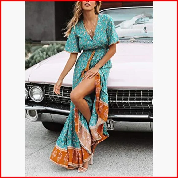 Summer Midi Dress V-Neck Short Sleeve Floral Print Bohemian Casual - Picture 4 of 7